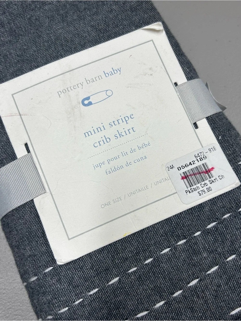 Pottery Barn Baby Mini Stripe Crib Skirt Nursery Bedding Gray w/ White Stitching